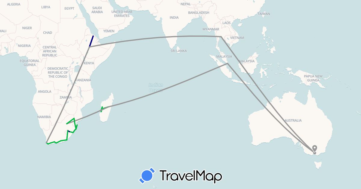 TravelMap itinerary: driving, bus, plane, motorbike in Australia, Ethiopia, Lesotho, Madagascar, Mozambique, Singapore, Swaziland, Thailand, South Africa (Africa, Asia, Oceania)